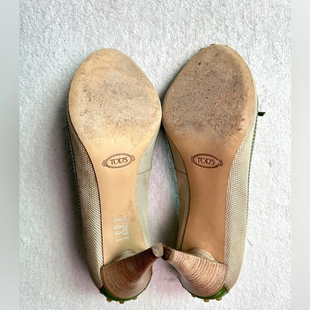 Tod’s Peep‎ Toe Driving Heels Green Canvas Shoes woven Bow 8.5